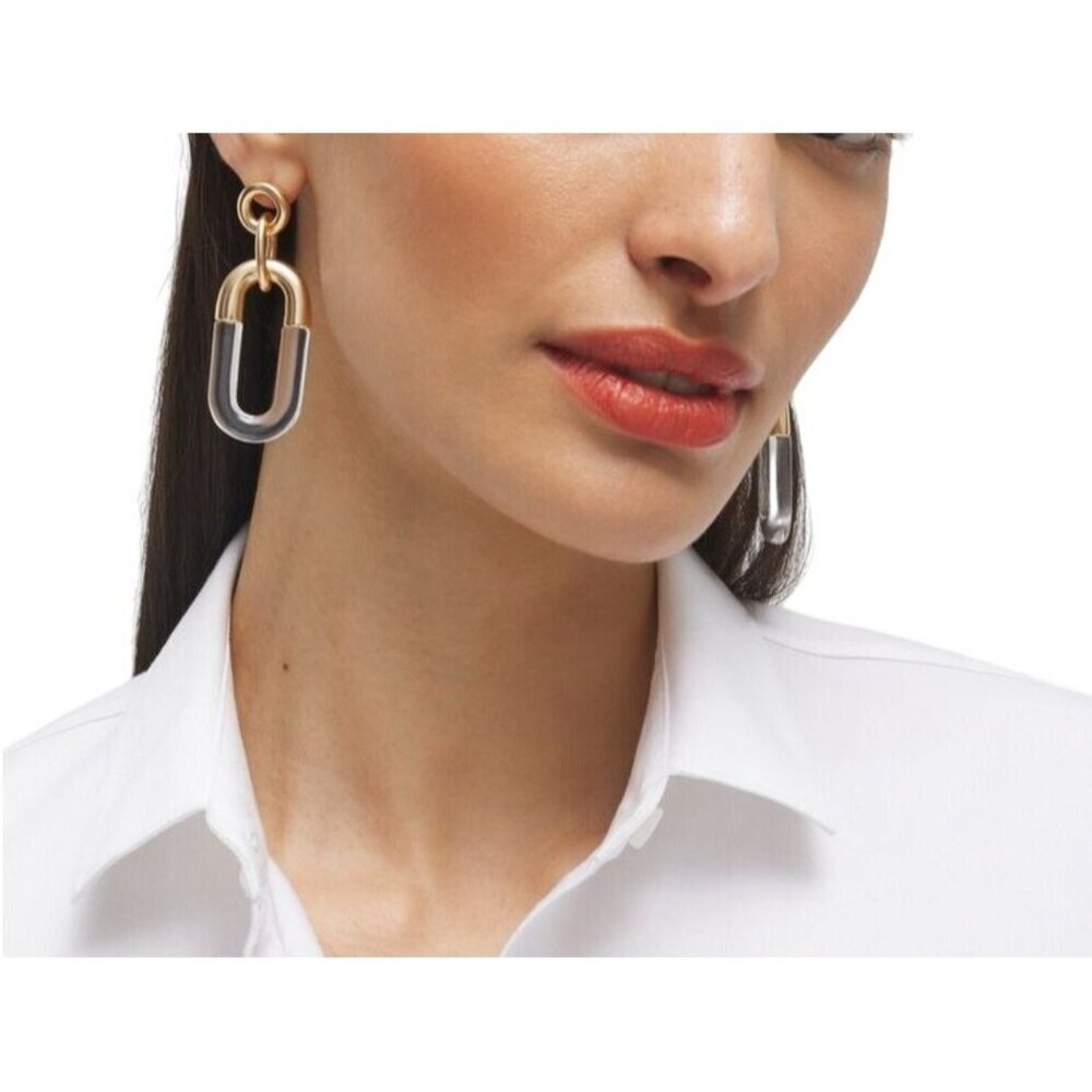 Chico's Earrings Neutral Link Lucite Gold Tone NWT Modern Artistic Coastal - Picture 2 of 3